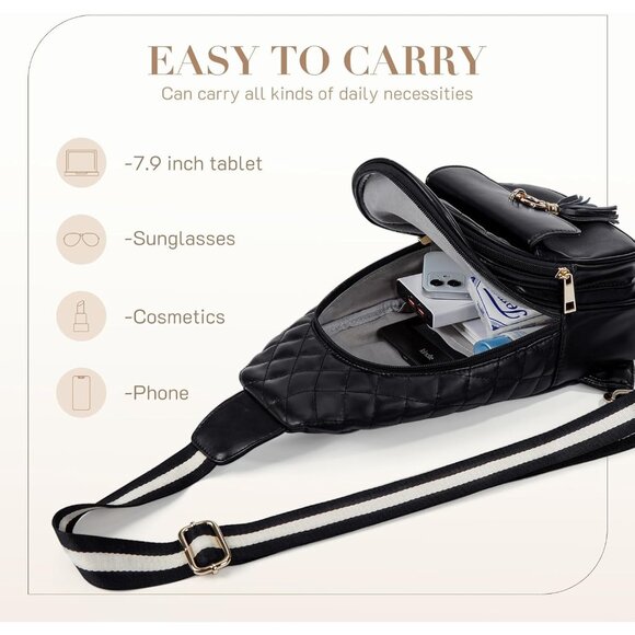 New Black PU Leather Sling Bag, Quilted Crossbody Travel Bag with Tassel - Picture 3 of 7